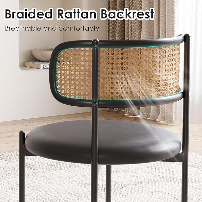 Farini Dining Chairs Set of 2, PU Leather Upholstered Seat with Woven Rattan Back, Sturdy Metal Legs Modern Side Chairs for Kitchen Living Room Restaurant, Black