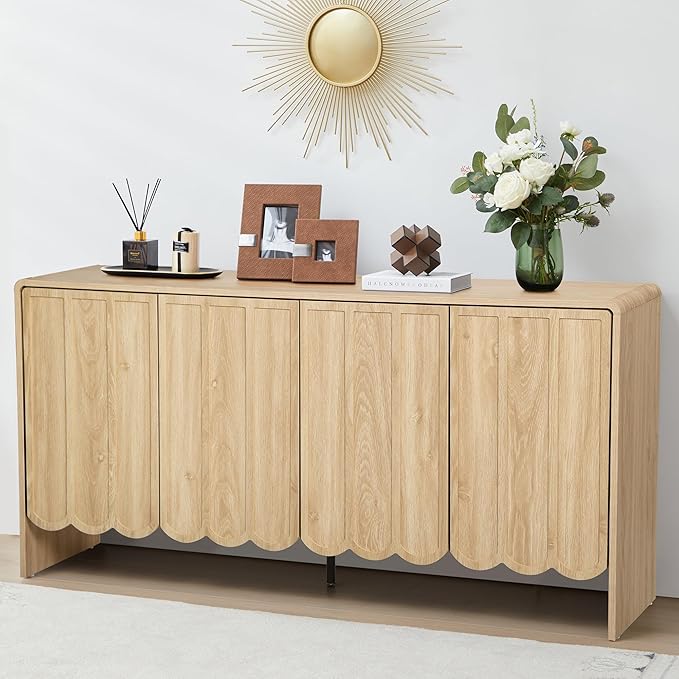 ORRD Sideboard Buffet Cabinet, Accent Storage Cabinets with 4 Doors, Farmhouse Wood Cabinet with Adjustable Shelves and Wave Panel for Living Room, Dining Room, Entry - Natural