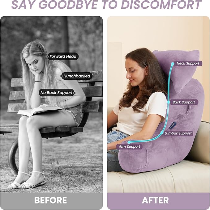 Unisakey Portable Reading Pillows with Headrest for Bed Sitting Up(Lavender Purple Oeko-Tex), Velvet Back Pillow with Arms & Pockets for Adults, Support Memory Foam Bed Pillow for Dorm/Reading/Gaming