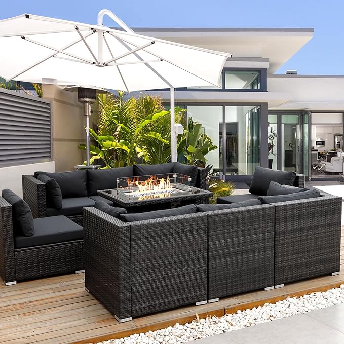 RADIATA 9 Piece Wicker Patio Furniture Set with Fire Pit, All-Weather Outdoor Sectional Couch High Back Large Size, Modular Backyard Seating Sofa Set with Propane/Natural Gas Firepit Table, Dark Grey