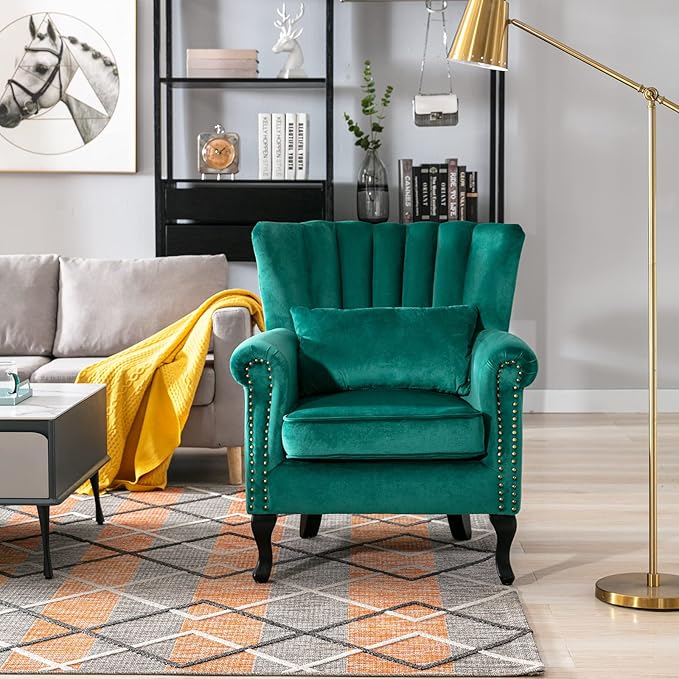 LZAREAL Accent Reading Arm Chairs Midcentury Modern Comfy Corner Sofa Chair, Wingback Waiting Room Club Chair with Tufted Back for Living Room/Bedroom/Reception Room, Velvet Green