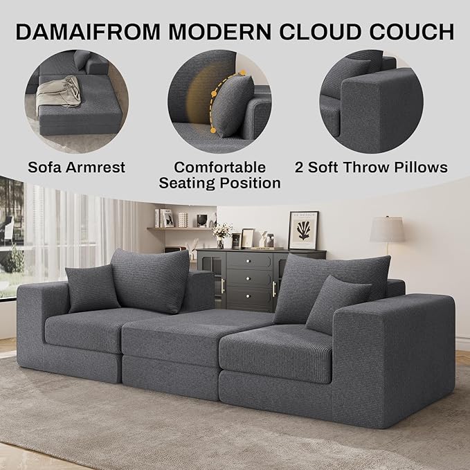 DAMAIFROM 80" Convertible Sleeper Sofa Bed with Soft Pillow, Corduroy Folding Mattress Couch with L-Shape Chaise, Modular Floor Sofa Lounge Couch for Living Room Bedroom Lounge (Grey)
