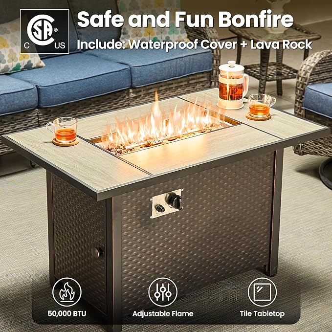 ovios 5 Pieces Patio Furniture Set, Outdoor Wicker Sofa Couch with Swivel Chairs 42" Fire Pit Table, High Back Modern All Weather Conversation Sets, Grey Rattan, Denim Blue