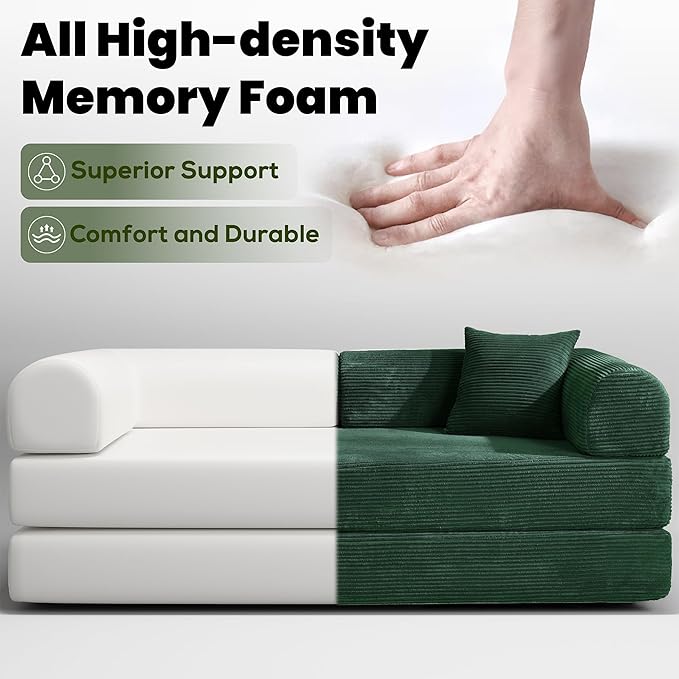 79" Convertible Sofa Bed, Boneless Corduroy Sleeper Foldable Modular Couch, Memory Foam Compressed Sofa, Folding Mattress Floor Couch for Small Space Living Room Apartment Bedroom, Hunter Green