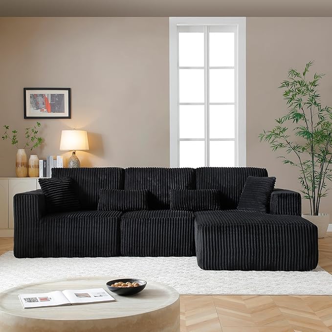 108" Boneless Cloud Sectional Couches for Living Room, Comfy Fluffy L Shaped Memory Foam Deep Seat Boneless Couch, Modular Sectional Sofa with Right Facing Chaise, Dark Black