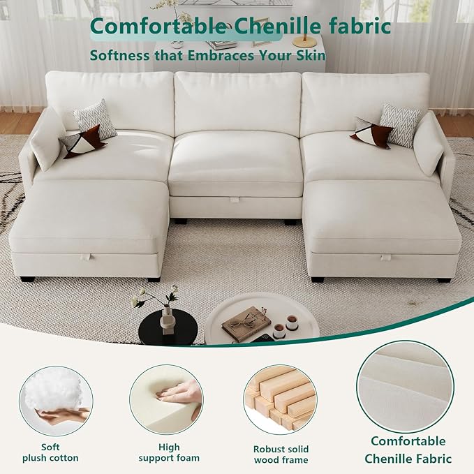 Modular Sectional U Shaped Sofa Couches for Living Room, Cloud Couch with Storage Ottoman, Comfy Chenille Sofa with Pillow, Beige