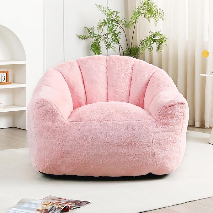 Bean Bag Chair, Bean Bag Couch for Adults and Kids, Comfy Shell-Shaped Chair with Filler Armrests Stuffed High-Density Foam Stuffed Sofa Lounge Floor Sofa for Bedroom,Gaming, Reading,Pink