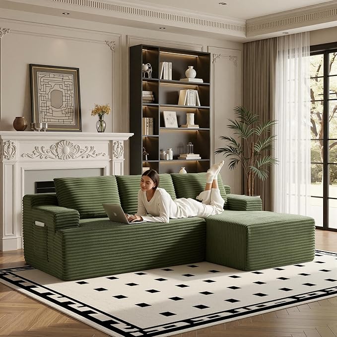 96" Sectional Couches for Living Room Cloud Couch Sofa with L-Shape Upholstered Boneless Couchs Modern Modular Sectional Couch with Chaise (Green, 96" W+Right Facing Chaise+2Seaters)