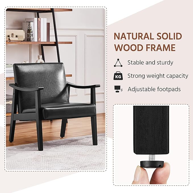 Yaheetech PU Leather Accent Chair, Mid-Century Modern Armchair with Solid Wood Legs, Reading Leisure Chair with High Back for Living Room Bedroom Waiting Room, Black