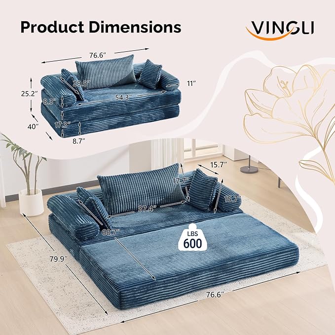 VINGLI Convertible Futon Sofa Bed, Upholstered Corduroy Boneless Couch King Size Floor Loveseat Sleeper Sofa with 2-in-1 Throw Pillow, Couches for Living Room, Bedroom, Lounge, Navy Blue