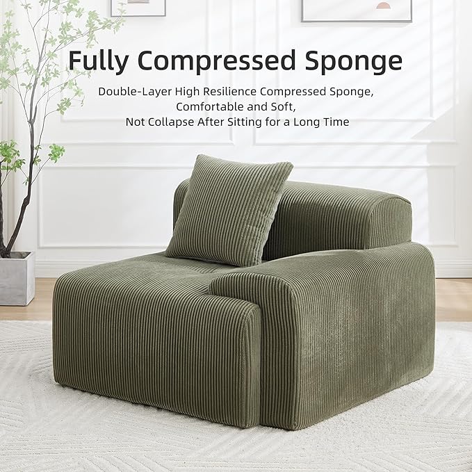 118" Modern L-Shaped Modular Sectional Sofa, Boneless Couches for Living Room, Corduroy Upholstered Sofa with Deep Seat, Oversized 3-Seater Cloud Sectional Couch,No Assembly, Green