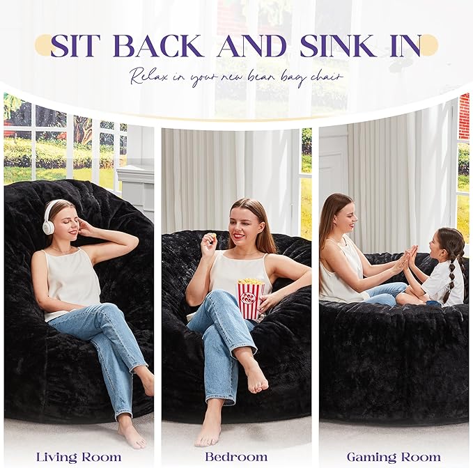 Hobestluk Bean Bag Chairs Giant Beanbag Chair with Filler, Memory Foam Bean Bags with Fluffy & Machine Washable Cover, Bean Bag Chairs for Aduts for Living Room, Bedroom (BLACK, 6FT - 70" x 70" x 15")