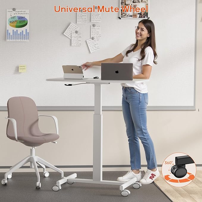 NICECOZY Mobile Standing Desk, Small Standing Rolling Desk, Portable Laptop Desk with Lockable Wheels, Computer Workstations, Adjustable Height, White
