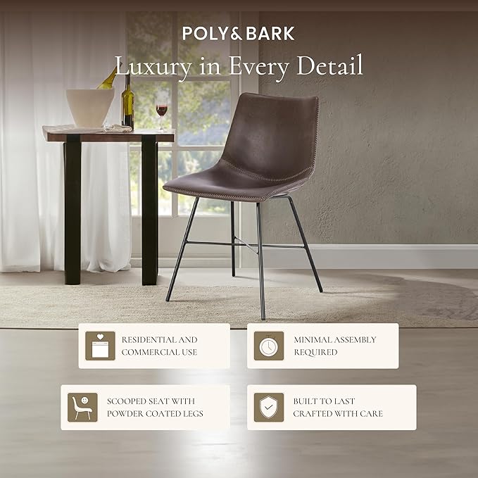 POLY & BARK Paxton Leather Dining Chairs – Set of 2 Modern Dining Room Chairs with Low Back – Faux Leather Upholstery and Matte Black Steel Base – Comfortable Seating for Stylish Interiors – Brown