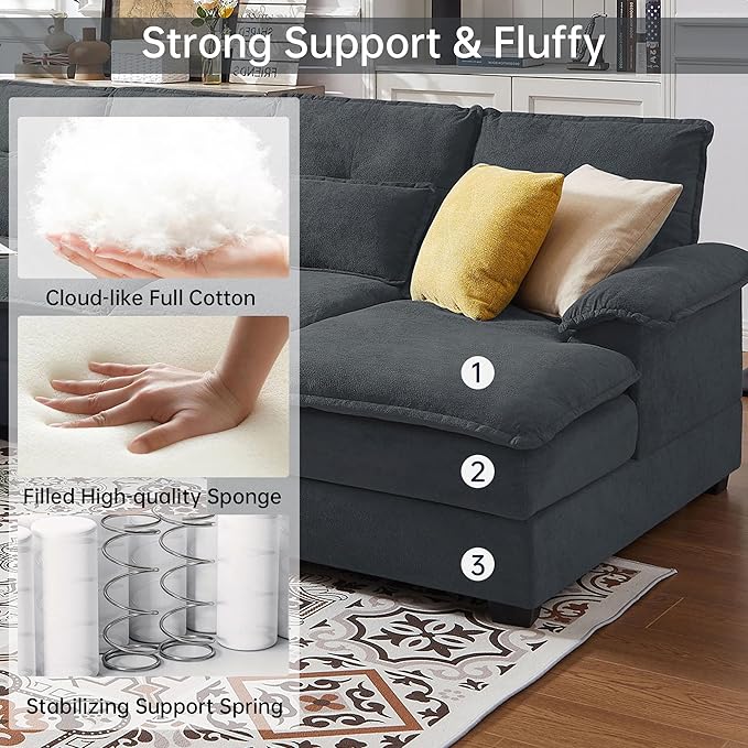 Jarenie 110“ Convertible Sectional Sofa, U Shape Cloud Couch, Comfy Couches with Double Chaise and Sleepable Armrests, 4 Seats Sectional Couches for Living Room, Dark Grey