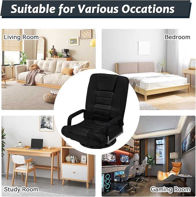 360° Swivel Gaming Chair 6 Adjustable Positions Backrest with Armrest Foldable Floor Chairs Suitable for Reading, Relaxing, Mediation,Black