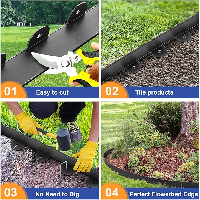 Jorvila Landscape Edging, 1.5" x 80' Plastic Garden Edging with 100 Pcs Metal Spikes, Flexible Garden Border for Lawn, Landscaping, Flower Beds