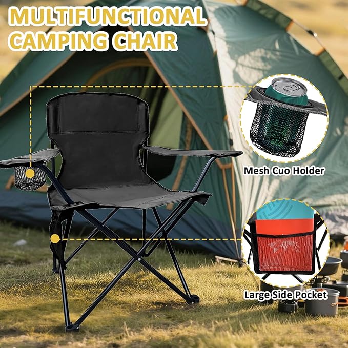 SAILARY Folding Camping Chair with Cup Holder and Cooler Bag, 225lbs Capacity, Upgraded Portable Foldable Chair with Heavy Duty Steel Frame for Outdoor, Beach, Fishing, Backpacking, Black 2PCS