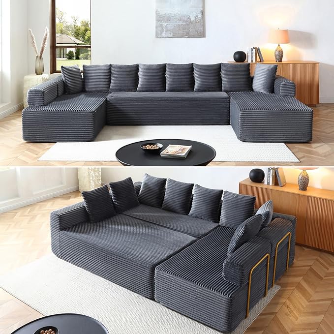 145" Oversized Cloud Boneless Sectional Sofa with Chaise, Corduroy U Shaped Modular Couch with Deep Seat, Fixed Frame Comfy Corner Sofa, No Assembly Required (Grey)