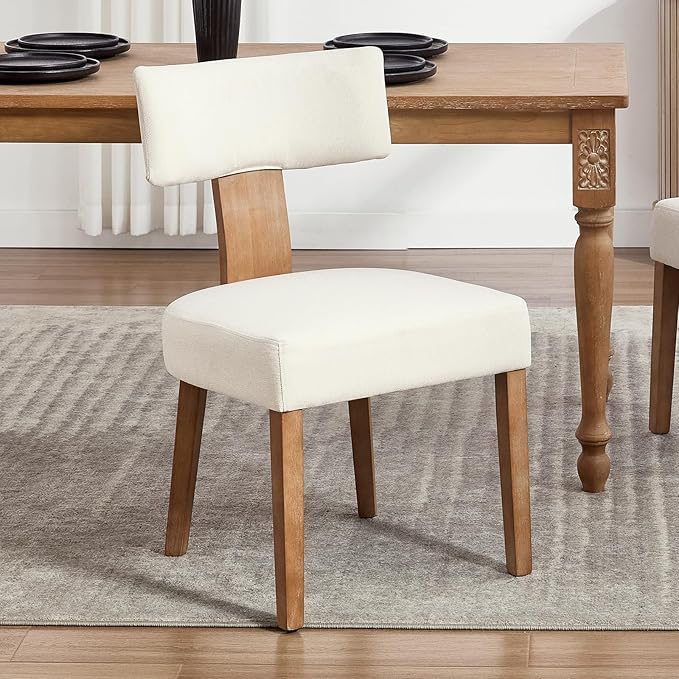 KHISCHMO Mid Century Modern Dining Chairs, Upholstered Linen Fabric Chairs with Curved Backrest and Wood Legs, Comfy Kitchen Vanity Chair for Dining Room/Living Room/Kitchen, Set of 4 Beige