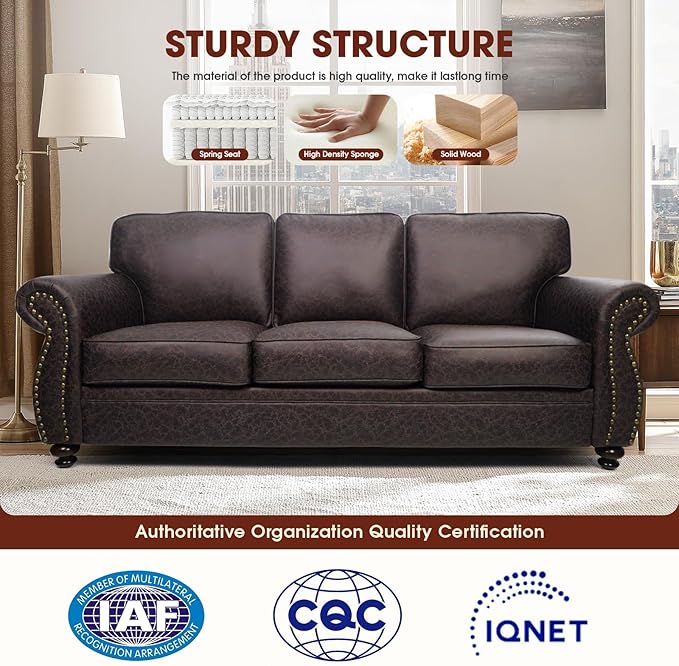 Couchus Mid-Century Vintage Sofa Couches with Rivet Design,3-Seater Sofa,Removable Sofa Cover Upholstered Cushions and Solid Wood Frame (Brown, 3-Seater)
