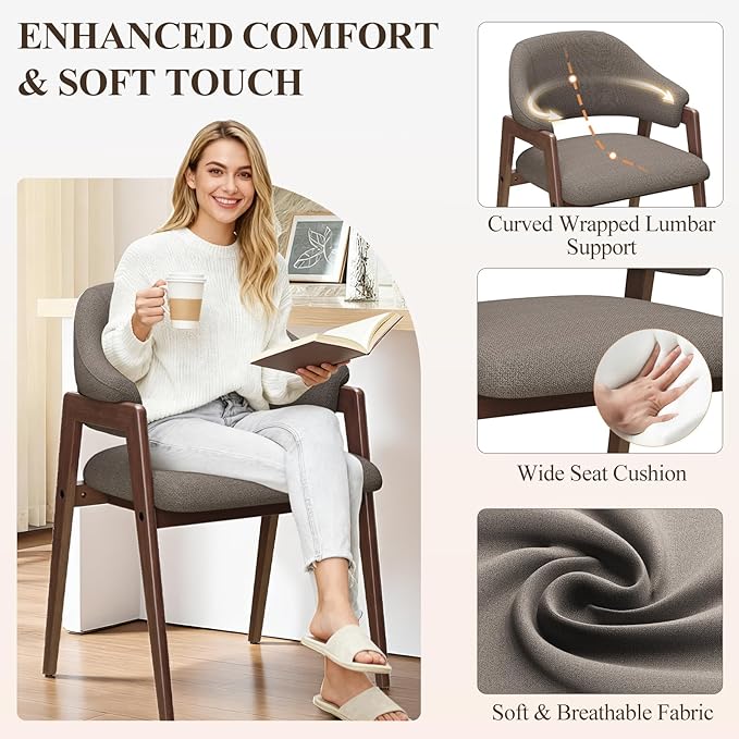 MALOL Wooden Dining Chairs Set of 6, Modern Fabric Upholstered Dining Room Chair, Kitchen Side Chairs, Farmhouse Dinner Chair with Curved Open Back for Kitchen, Camel