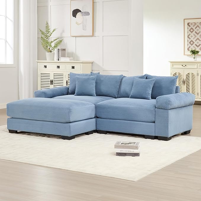 KEIKI 83" L-Shaped Oversized Corduroy Modular Sectional Loveseat Sofa with 1 Ottoman, High-Density Foam Cushion, Extra-Thick Armrest, 2-Seater Fluffy Corner Couch with 6 Pillow, for Living Room, Blue