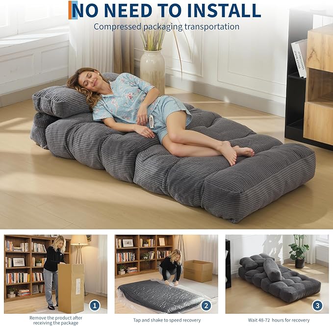 Garvee Folding Sofa Bed, Convertible Sleeper Chair with Pillow Foldable Mattress with Back Support, Boneless Fold Out Chair Bed Comfy Floor Sofa Lounge for Living Room, Bedroom, Dark Gray, Single