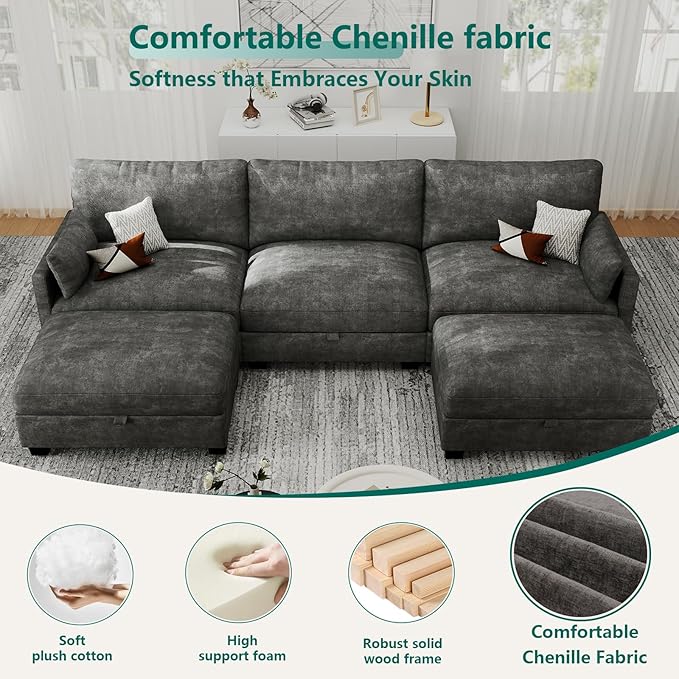 Modular Sectional U Shaped Sofa Couches for Living Room, Cloud Couch with Storage Ottoman, Comfy Chenille Sofa with Pillow, Dark Gray
