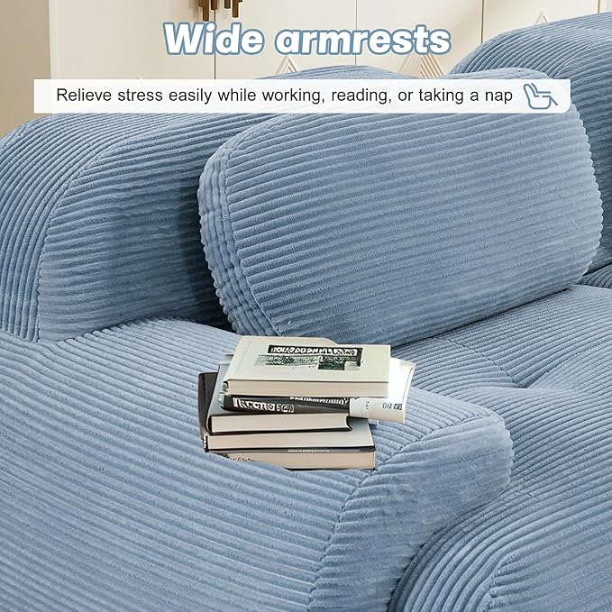 SoarFlash 117" Modern L-Shaped Modular Sectional Sofa for Living Room, Corduroy Upholstery Oversized 3-Seater Couch with Deep Seat and Movable Ottoman-No Assembly, Blue