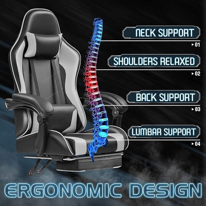 Homall Gaming Chair, Video Game Chair with Footrest and Massage Lumbar Support, Ergonomic Computer Chair Height Adjustable with Swivel Seat and Headrest (White)