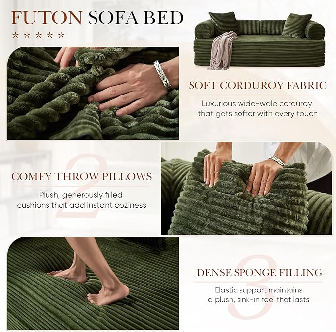 Modular Couch Bed, Convertible Folding Plush Corduroy Comfy Floor Memory Foam Compression Loveseat Sleeper Sofa Couch, King Size Bed for Guest Room Living Room Bedroom, No Assembly Required, Green