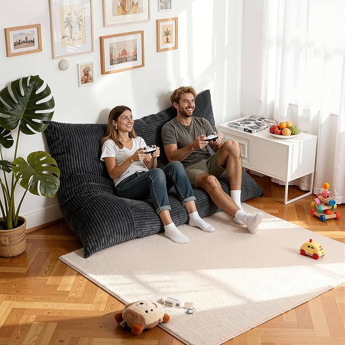 nalone 4-in-1 Giant Bean Bag Chair for Adults, 6.4 FT Memory Foam Filled Beanbag Chair, Floor Sofa Bed with Fluffy Washable Flannel Cover, Lounge Couch for Bedroom, Living Room (Grey)