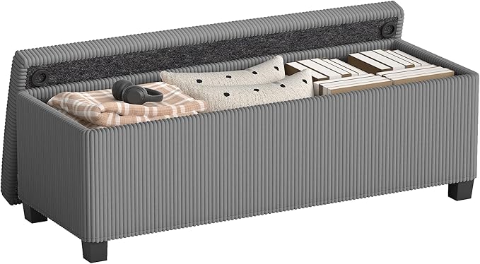 HOMCOM 44 Inches Storage Ottoman Bench, End of Bed Bench with Removable Lid, Legs, Corduroy Storage Chest Foot Rest, Padded Seat, for Living Room, Bedroom, Entryway, Gray