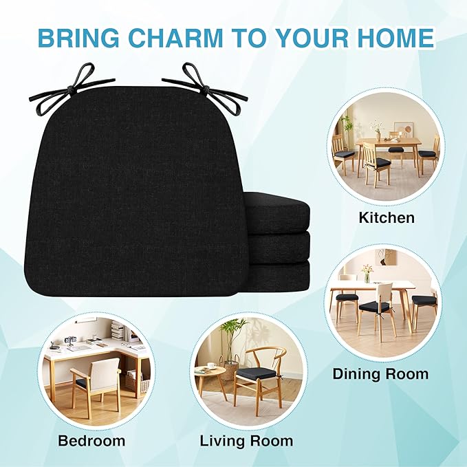 Chair Cushions for Dining Chairs Set of 4, Non Slip Kitchen Chair Pads, 17" x 16" x 2", Indoor Dining Chair Cushions with Ties, D-Shaped Seat Cushions for Kitchen Chairs, Black