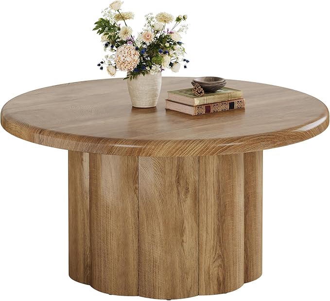 Tribesigns 31.5" Round Coffee Table for Living Room, Farmhouse Circle Center Cocktail Table with Fluted Drum Base, Wooden Living Room Furniture for Apartment, Small Space, Brown