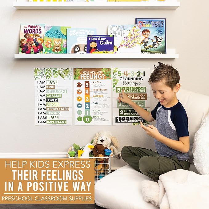 Hadley Designs 8 Calming Corner Posters For Classroom Must Haves For Teachers - 11x17 Calm Down Corner Supplies, Feelings Chart For Kids Ages 4-8, Toddler Emotions Chart, Farmhouse Classroom Decor