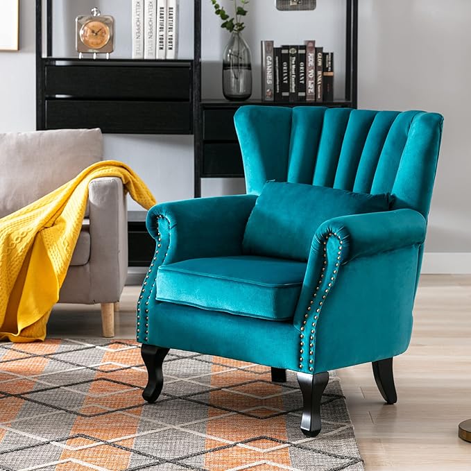 chairus Mid-Century Modern Accent Chair Comfy Single Sofa Chair Channel Back Armchair with Small Pillow for Living Roon Bedroom Club - Velvet, Teal
