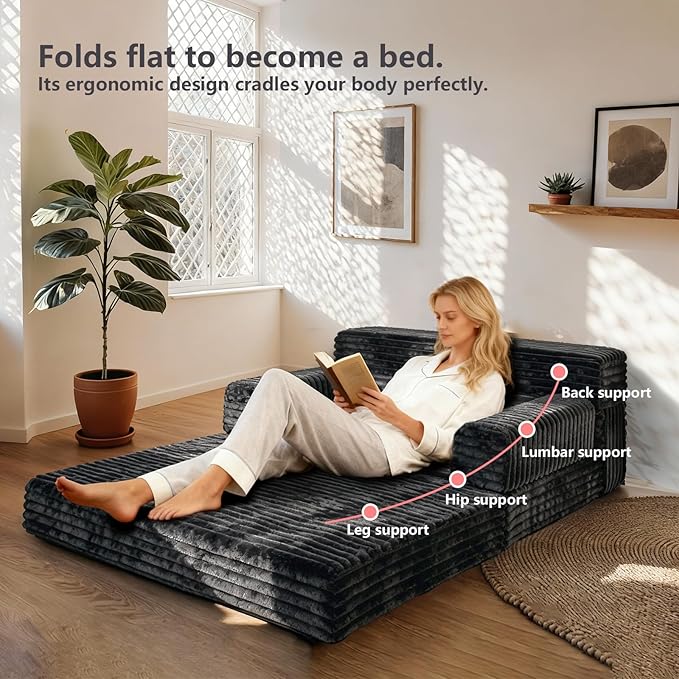 Folding Sofa Bed,Convertible Sofa Bed with Armrest Foldable Sleeper Chair, Portable Folding 4-in-1 Floor Sofa with Convertible Lounge Chair for Living Room,Bedroom,Washable Cover,Black Single