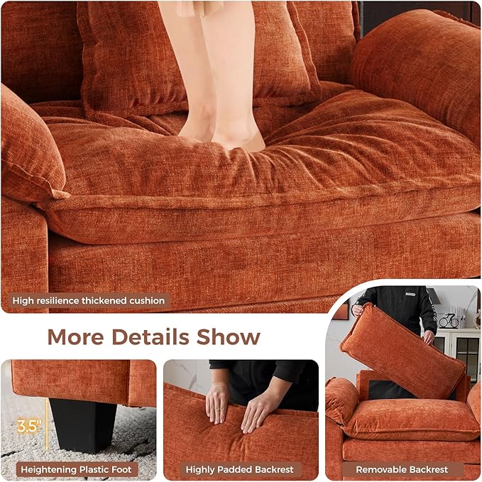 HUSFU Oversized Accent Chair, 49.5'' W Chenille Cloud Sofa Chair with Deep Seat and Extra Wide Armrests, Comfy Reading Armchair for Bedroom, Living Room, Terracotta Orange