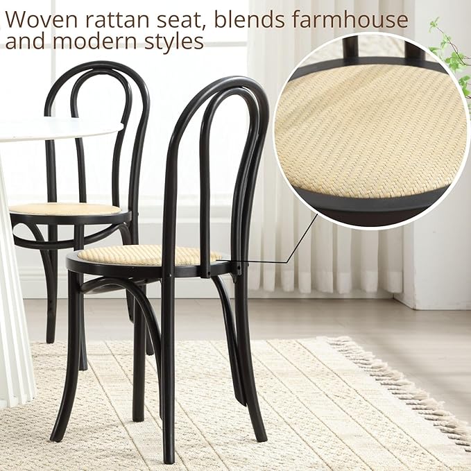 DM Furniture Solid Wood Dining Chairs Set of 6 Mid-Century Modern Rattan Dining Room Chairs with Backrest Bentwood Side/Desk Chairs for Dining/Living Room,Home No Assembly Required, Black Wood