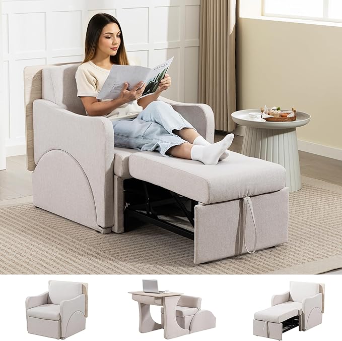 Reading Chair, Chaise Lounge Chair Indoor, 3 in 1 Multiple Convertible Pull Out Lounge Couch, Fabric Reading Chairs, Single Sleeper Sofa with Adjustable Backrest for Dorm, Bedroom, College, White