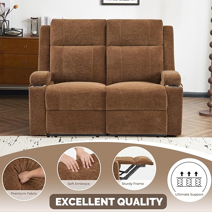 PALLOME Manual Reclining Loveseat Sofa, 2-Seater Recliner Couch with Cup Holders, Fabric Reclining Sofa for Living Room/RV (Brown)