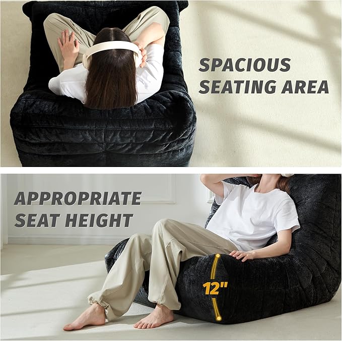 Homguava Bean Bag Chair, Giant Beanbag Chairs for Adults, Memory Foam Fireside Chair, Large Lazy Floor Sofa, Sofa Couch with High-Rebound Foam, Lounge Chair for Living Room, Bedroom (Black, Single)