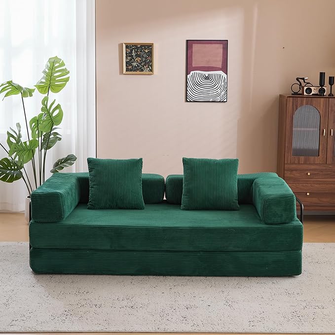 Floor Couch with Pillow Back Support and Armrest, Convertible Sofa Bed for Living Room or Bedroom, Corduroy Fabric Comfort Sleeper