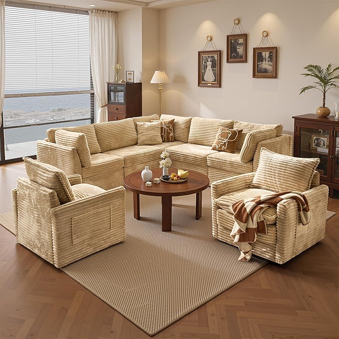 CAODOC Modular Sectional Sofa, 98" L Shaped Couch Set for Living Room, 4-Seater Comfy Cloud Couches with Swivel Chairs, DIY Combination, Plush Corduroy, Beige