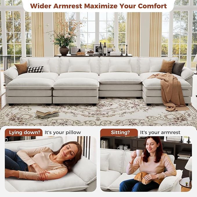 CDCASA 154" Oversized Modular Sectional Sofa, Comfy U-Shaped Cloud Couch w/ 3 Movable Ottomans, 7-Seater Velvet Deep Seat Modern Sofa Couch for Living Room, DIY Combination, Beige