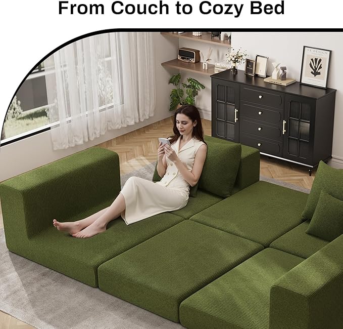 DAMAIFROM 80" Convertible Sleeper Sofa Bed with Soft Pillow, Corduroy Folding Mattress Couch with L-Shape Chaise, Modular Floor Sofa Lounge Couch for Living Room Bedroom Lounge (Olive Green)