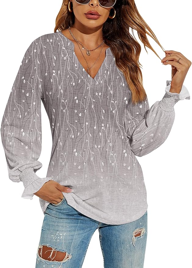 Romanstii Women's Casual V-Neck T-Shirts Loose Puff Long Sleeve Tops Tunic Blouses