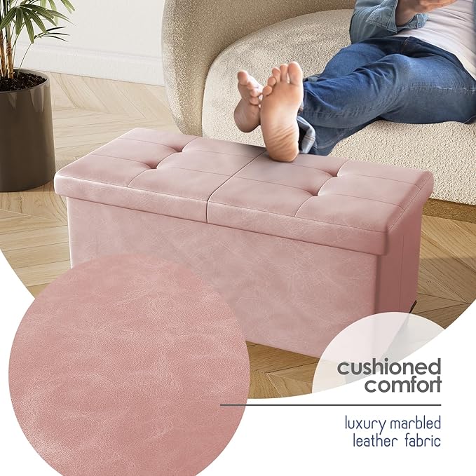 Storage Ottoman Bench with Bins, 30-in Storage Bench for Bedroom End of Bed, Folding Foot Rest Ottoman for Living Room Max 660lbs, Faux Leather Ottomans, Pink